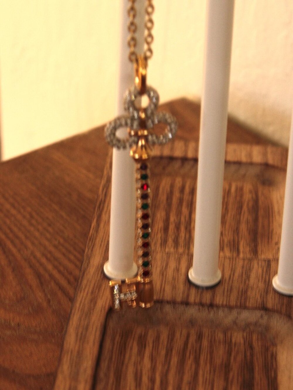 Tory Burch Gold Key Pendant Necklace w Crystal & Multicolor Stone Accents RARE - Picture 2 of 5